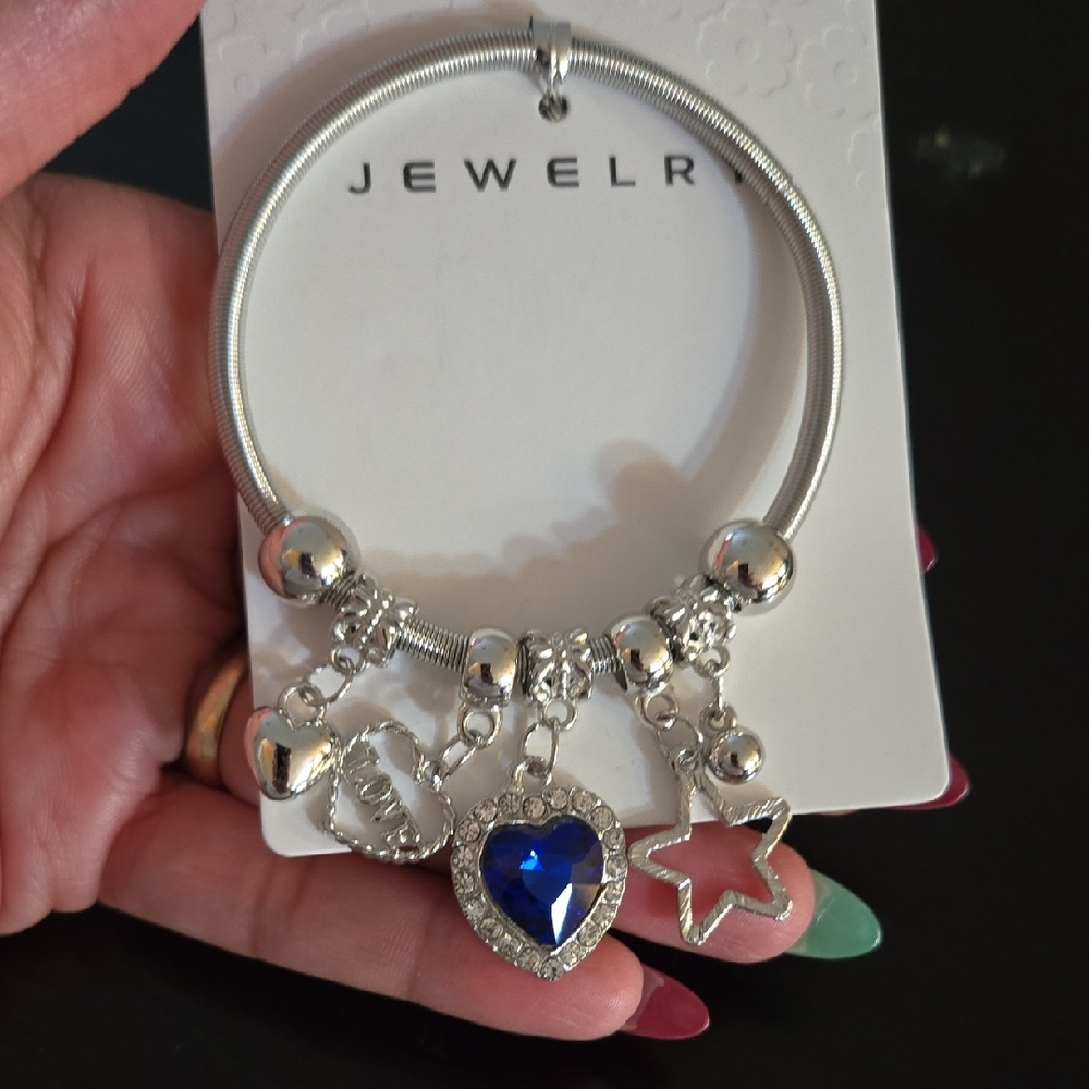 Silver Tone Charm Bracelet with Blue Heart by